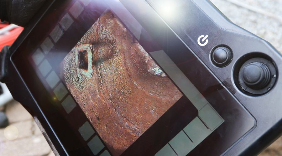 Sewer video inspection monitor displaying a close-up view of pipe interior, highlighting potential issues for plumbing diagnostics.