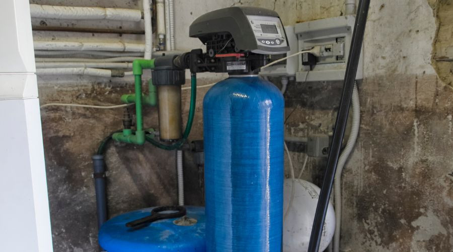 Water softener system installed in a commercial plumbing setting, featuring a blue tank and connected plumbing components.