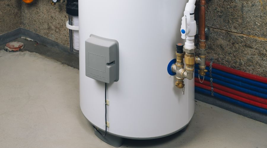 Electric water heater with plumbing connections in a basement setting, relevant to water heating solutions discussed by Premium Plumbing.